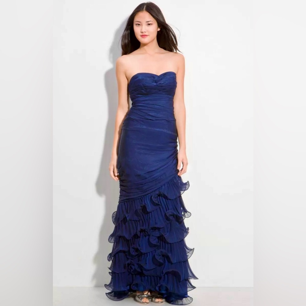 Dalia MacPhee Strapless Ruffle Chiffon Taffeta Tiered Mermaid Navy Gown Dress!!